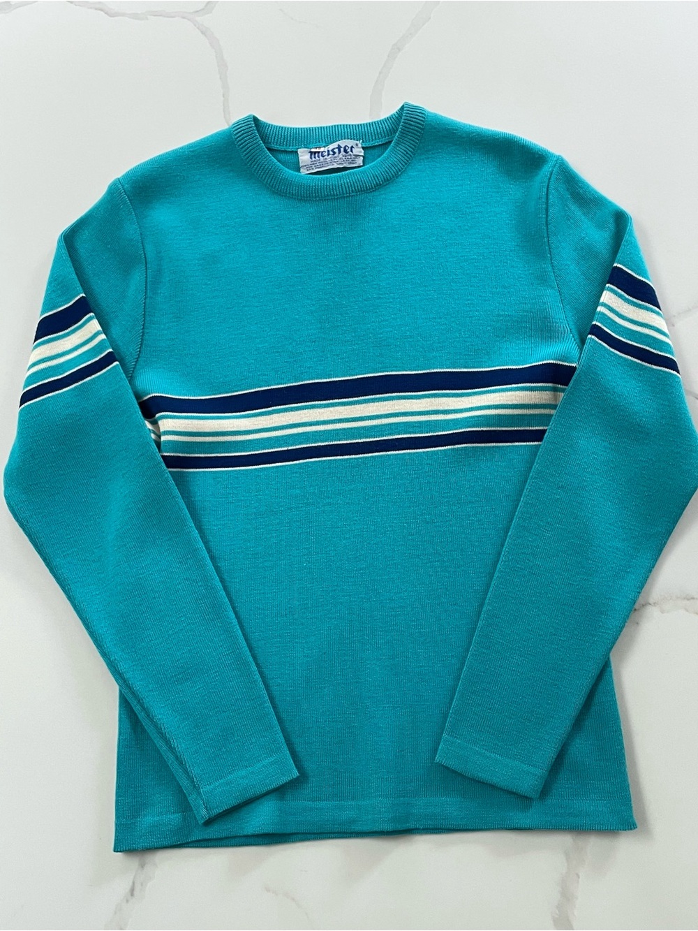 Vintage 1970s Meister Teal Knit New Wool Ski Sweater, Size Small